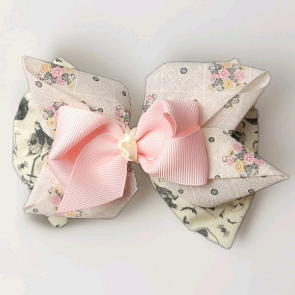 Handmade Accessories - Hair Bow 5" Nightmare Before Christmas Pink Whimsigoth Ribbon Fabric Clip Floral